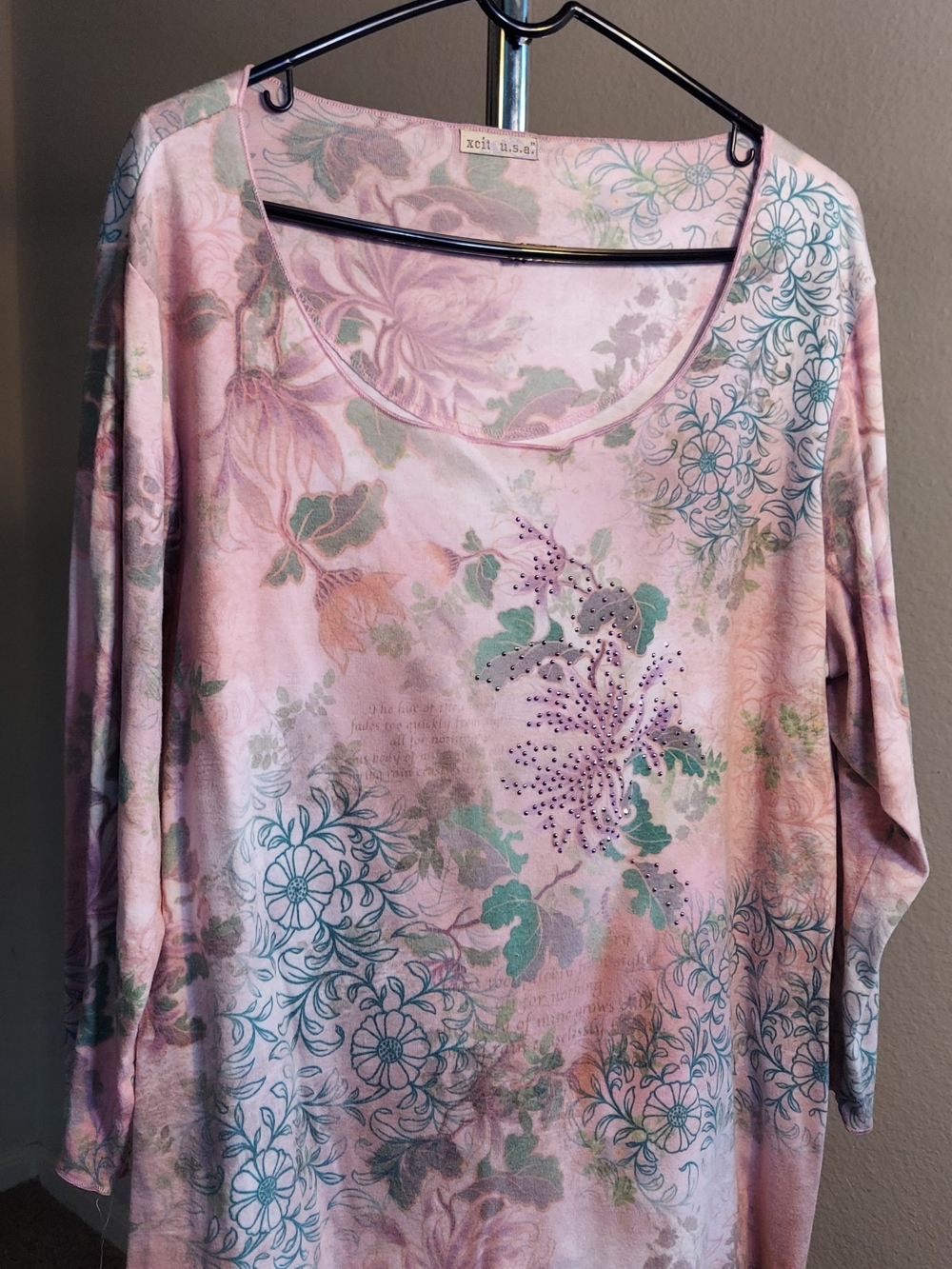 Pink Floral Long Sleeve Scoop Neck Top with Teal Accents